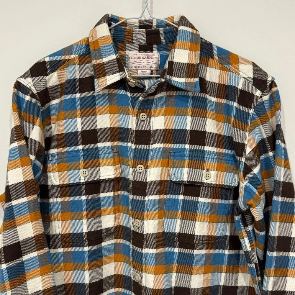 Filson Mens Vintage Flannel Work Shirt Brown Cream Ochre Blue Plaid Size M NWOT - Picture 3 of 10
